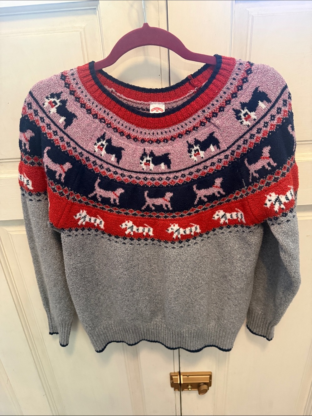 Holiday Time Fair Isle Dog Yoke Crewneck Sweater - Gray, Red & Pink